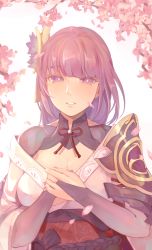 Rule 34 | 1girl, absurdres, breasts, bridal gauntlets, cherry blossoms, cleavage, commentary request, flower, genshin impact, hands on own chest, highres, japanese clothes, kimono, long hair, nail polish, obi, purple eyes, purple flower, purple hair, purple nails, raiden shogun, sad, sash, solo, teeth, weimiaw
