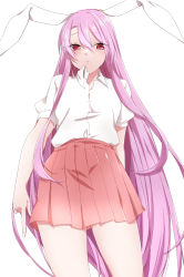 Rule 34 | 1girl, absurdres, animal ears, blouse, breasts, collared shirt, highres, light purple hair, long hair, moon rabbit, pleated skirt, puffy short sleeves, puffy sleeves, rabbit ears, rabbit girl, red eyes, reisen udongein inaba, shirt, short sleeves, simple background, skirt, small breasts, solo, touhou, white background, white shirt, yukina (masyumaro610)