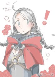 Rule 34 | !, 1girl, ahoge, blue eyes, braid, buttons, capelet, chest harness, fire emblem, fire emblem fates, flower, grey hair, hairband, harness, hood, hood down, hooded capelet, looking to the side, low twin braids, nina (fire emblem), nintendo, o-ring, paonnu9909, parted bangs, red capelet, rose, solo, turtleneck, twin braids