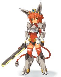 Rule 34 | 1girl, ahoge, armor, arms at sides, black gloves, black panties, cable, cable tail, closed mouth, commentary, energy sword, english commentary, full body, gloves, green eyes, highres, holding, holding sword, holding weapon, looking at viewer, mecha musume, mechanical tail, medium hair, orange hair, original, panties, pauldrons, red sweater, red thighhighs, ribbed sweater, robot ears, shoulder armor, simple background, solo, standing, sweater, sword, tail, thighhighs, turtleneck, turtleneck sweater, underwear, vins-mousseux, weapon, white background
