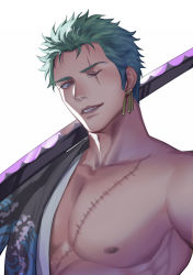 Rule 34 | 1boy, abs, alternate costume, bara, bare pectorals, earrings, eilinna, green hair, hadanugi dousa, highres, japanese clothes, jewelry, kimono, large pectorals, lips, long sideburns, looking at viewer, male focus, muscular, muscular male, nipples, one piece, open clothes, open kimono, over shoulder, pectorals, portrait, print kimono, roronoa zoro, scar, scar across eye, scar on chest, scar on face, short hair, sideburns, single earring, smile, solo, stitches, stomach, sword, sword over shoulder, weapon, weapon over shoulder, white background