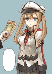 Rule 34 | 1girl, 1other, absurdres, admiral (kancolle), banknote, black gloves, blonde hair, blue eyes, breasts, commentary request, expressionless, gloves, graf zeppelin (kancolle), hat, highres, holding, holding money, kantai collection, kutouten, medium breasts, military hat, miniskirt, money, peaked cap, pleated skirt, sidelocks, skirt, solo focus, template, twintails