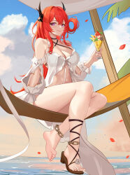 Rule 34 | 1girl, absurdres, arknights, bare shoulders, barefoot, bikini, black choker, blue sky, breasts, choker, cleavage, cloud, commentary, criss-cross halter, day, feet, hair between eyes, hair rings, halterneck, highres, holding, horns, large breasts, legs, official alternate costume, petals, sandals, sidraxiii, single sandal, sitting, sky, solo, stomach, surtr (arknights), surtr (colorful wonderland) (arknights), swimsuit, toenails, toes