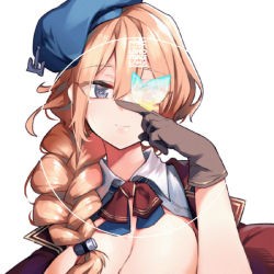 Rule 34 | anchor, beret, blonde hair, blue eyes, braid, braided ponytail, breasts, bug, butterfly, cleavage, collar, collared shirt, des moines (warship girls r), finger to own chin, gloves, hair between eyes, hair ornament, hat, insect, large breasts, mkiiiiii, necktie, shirt, smile, solo, warship girls r