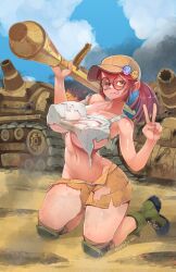 Rule 34 | 1girl, :d, bare shoulders, baseball cap, besthetz, blue sky, boots, breasts, brown hair, closed mouth, collarbone, crop top, day, fio germi, full body, green footwear, hat, highres, knee pads, kneeling, large breasts, looking at viewer, man-portable anti-tank systems, metal slug, midriff, military hat, missile launcher, navel, one eye closed, open mouth, orange eyes, orange shorts, panzerfaust, ponytail, recoilless gun, shorts, sky, smile, solo, sv001 (metal slug), tongue, tongue out, torn clothes, underboob, v, wink