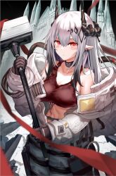 Rule 34 | 1girl, arknights, black choker, black gloves, breasts, choker, commentary request, cowboy shot, crop top, gloves, hammer, holding, holding hammer, holding weapon, horns, infection monitor (arknights), large breasts, long hair, looking at viewer, material growth, midriff, mudrock (arknights), oripathy lesion (arknights), pointy ears, red eyes, skydrop, solo, sports bra, standing, stomach, weapon, white hair