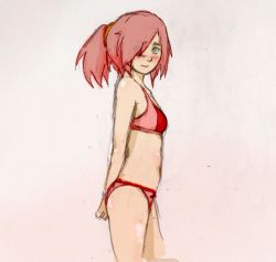 Rule 34 | 1girl, arms behind back, bikini, blush, cowboy shot, from side, green eyes, hair over one eye, haruno sakura, highres, long hair, looking at viewer, naruto, naruto (series), non-web source, pink background, pink hair, ponytail, self-upload, simple background, sketch, smile, solo, swimsuit, wide ponytail