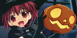 Rule 34 | 1girl, :d, black gloves, gloves, halloween, hat, jack-o&#039;-lantern, open mouth, original, pumpkin, red eyes, red hair, shikei, short hair, sike, smile, solo, thighhighs, witch hat
