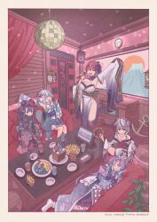 Rule 34 | 1boy, 5girls, ^ ^, absurdres, anchor, barrel, border, breasts, closed eyes, closed mouth, couch, cup, curtains, detached sleeves, disco ball, drinking glass, fins, fish tail, food, gawr gura, gawr gura (new year), grey hair, highres, holding, holding microphone, hololive, hololive english, houshou marine, houshou marine (new year), indoors, instrument, japanese clothes, karaoke, karaoke box, kimono, large breasts, microphone, minato aqua, minato aqua (new year), multiple girls, music, ninomae ina&#039;nis, ninomae ina&#039;nis (new year), obi, official alternate costume, on couch, open mouth, peeking, pelvic curtain, plate, purple hair, red hair, sakamata chloe, sakamata chloe (new year), saku39 (skb318), sash, shark girl, shark tail, singing, sitting, sleeping, speaker, standing, standing on one leg, table, tablet pc, tail, tambourine, tentacle hair, umisea, virtual youtuber, white border, white hair, wide sleeves, window blinds