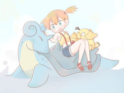Rule 34 | 1girl, armpits, asymmetrical hair, bare shoulders, blue shorts, breasts, creatures (company), denim, denim shorts, game freak, gen 1 pokemon, green eyes, hair tie, lapras, looking to the side, looking up, midriff, misty (pokemon), navel, nintendo, open mouth, orange hair, pokemon, pokemon (anime), pokemon (classic anime), pokemon (creature), ponytail, psyduck, shiny skin, shirt, short hair, short shorts, shorts, side ponytail, simple background, staryu, suspenders, tadaaki, tank top, yellow shirt, yellow tank top