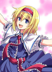 Rule 34 | 1girl, :d, alice margatroid, blue eyes, dress, female focus, frills, gradient background, hairband, looking at viewer, open mouth, outstretched arms, rimibure, short hair, smile, solo, spread arms, touhou, white background