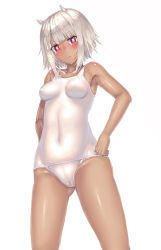 Rule 34 | 1girl, bad id, bad nicoseiga id, bare shoulders, blush, breasts, cameltoe, covered erect nipples, covered navel, cowboy shot, dark-skinned female, dark skin, hands on own hips, highres, horns, impossible clothes, impossible swimsuit, looking at viewer, one-piece swimsuit, original, red eyes, school swimsuit, short hair, simple background, small breasts, solo, swimsuit, wataru (zazazazazazawa), white background, white hair, white one-piece swimsuit, white school swimsuit