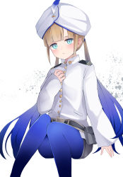Rule 34 | 1boy, absurdres, blue hair, blue pants, blush, captain nemo (fate), fate/grand order, fate (series), gradient hair, green eyes, hat feather, highres, jacket, koizumo, light brown hair, long hair, long sleeves, looking at viewer, multicolored hair, nemo (fate), pants, pantyhose, solo, thighs, tight clothes, tight pants, turban, two-tone hair, white headwear, white jacket