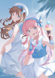 Rule 34 | 2girls, absurdres, bang dream!, bang dream! it&#039;s mygo!!!!!, blue bow, blue eyes, blue shirt, bow, brown hair, chihaya anon, chinese commentary, commentary request, food, hat, hat bow, highres, holding, holding food, holding ice cream, ice cream, ice cream cone, long hair, multiple girls, nagasaki soyo, necktie, ocean, open mouth, outdoors, pink hair, pink necktie, sailor collar, shirt, sleeveless, sleeveless shirt, smile, tree, wading, white sailor collar, white shirt, yinranluo