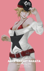 Rule 34 | 1girl, 21yc (september breeze), alice garnet nakata, bare shoulders, blonde hair, breasts, character name, cleavage, commentary request, english text, fatal fury, green eyes, hat, highres, large breasts, looking at viewer, open mouth, short hair, simple background, smile, solo, the king of fighters, watermark, web address