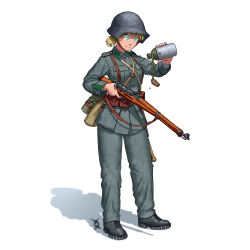 Rule 34 | 1girl, absurdres, black footwear, blonde hair, bolt action, boots, canteen, commission, entrenching tool, green eyes, gun, helmet, highres, k31, load bearing equipment, mess kit, military, combat helmet, military uniform, original, ostwindprojekt, rifle, signature, simple background, sweatdrop, uniform, water drop, weapon, weapon request