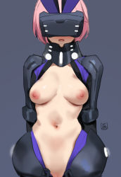Rule 34 | 1girl, animal ears, arms behind back, blush, breasts, breasts apart, covered eyes, cowboy shot, facing viewer, fate/grand order, fate (series), grey background, head-mounted display, highres, mash kyrielight, mash kyrielight (ortenaus), medium breasts, medium hair, meme attire, navel, nipples, open mouth, pink hair, rabbit ears, reverse bunnysuit, reverse outfit, signature, simple background, solo, yd (orange maru)