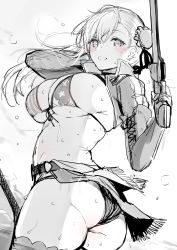 Rule 34 | 1girl, ass, bikini, blue gk, blush, breasts, cleavage, cowboy shot, fate/grand order, fate (series), greyscale, gun, handgun, highres, holding, holding gun, holding weapon, large breasts, long sleeves, looking at viewer, midriff, miyamoto musashi (fate), miyamoto musashi (fate/grand order), miyamoto musashi (swimsuit berserker) (fate), miyamoto musashi (swimsuit berserker) (second ascension) (fate), monochrome, navel, open mouth, revolver, solo, stomach, swimsuit, thighhighs, weapon