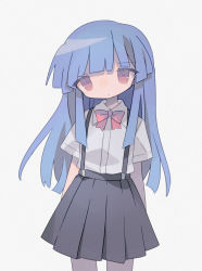 Rule 34 | 1girl, black skirt, blue hair, blunt bangs, bow, bowtie, closed mouth, collared shirt, cowboy shot, daizu (melon-lemon), expressionless, furude rika, higurashi no naku koro ni, long hair, looking at viewer, no nose, pleated skirt, purple eyes, red bow, red bowtie, shirt, shirt tucked in, short sleeves, sidelocks, simple background, skirt, solo, standing, suspenders, white background, white shirt