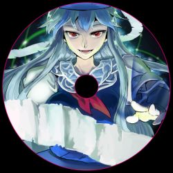 Rule 34 | 1girl, album cover, blue dress, breasts, cover, dress, hat, kamishirasawa keine, large breasts, long hair, looking at viewer, neckerchief, open mouth, red eyes, scroll, shirt, silver hair, sinzan, smile, solo, touhou, very long hair