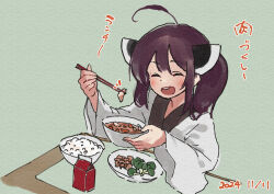 1girl :d ^_^ ahoge blush bowl broccoli brown_hair chopsticks closed_eyes commentary_request dated facing_viewer food food_request green_background headgear holding holding_bowl holding_chopsticks japanese_clothes kimono lamb_(hitsujiniku) long_sleeves open_mouth plate rice rice_bowl smile solo teeth touhoku_kiritan translation_request twintails upper_body upper_teeth_only voiceroid white_kimono wide_sleeves