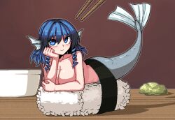 Rule 34 | 1girl, blue eyes, blue hair, blush, breasts, chopsticks, cleavage, closed mouth, collarbone, drill hair, fins, food, formicid, hair between eyes, head fins, large breasts, looking at viewer, medium hair, mermaid, monster girl, rice, smile, solo, sushi, touhou, wakasagihime