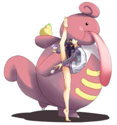 Rule 34 | 1girl, arched back, barefoot, berry (pokemon), black hair, creatures (company), crossover, flexible, food, from side, fruit, game freak, gen 4 pokemon, gymnastics, hair bobbles, hair ornament, hayashi ekyuu, heal ball, jacket, lickilicky, long sleeves, nintendo, open mouth, photokano, plantar flexion, poke ball, pokemon, pokemon (creature), rhythmic gymnastics, sakura mai (photokano), school uniform, sitrus berry, standing, standing on one leg, tongue, tsukune, twintails, white background