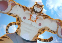 Rule 34 | 1boy, abs, absurdres, bara, beard, blue sky, blur censor, boxers, bulge, censored, chest tattoo, day, erection, erection under clothes, facial hair, fangs, feet out of frame, from behind, furry, furry male, grey male underwear, highres, large pectorals, looking at viewer, male focus, male underwear, mature male, muscular, muscular male, navel, navel hair, nipples, original, outstretched arms, pectorals, pov, seductive smile, short hair, sky, smile, solo, stomach, strongman waist, tattoo, thick eyebrows, thick thighs, thighs, tiger boy, topless male, underwear, weisun (leoooliooon)