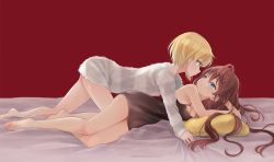 Rule 34 | 10s, 2girls, all fours, babydoll, bare legs, bare shoulders, barefoot, black dress, blonde hair, blue eyes, blush, breasts, brown hair, cleavage, dress, eye contact, face-to-face, feet, female focus, gobou 1000, green eyes, ichinose shiki, idolmaster, idolmaster cinderella girls, imminent kiss, legs, long hair, long sleeves, looking at another, looking back, lying, miyamoto frederica, multiple girls, neck, nightgown, on side, pillow, short hair, striped clothes, striped sweater, sweater, yuri