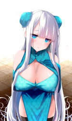 Rule 34 | 1girl, aqua dress, aqua eyes, aqua gloves, bare shoulders, black thighhighs, blunt bangs, breasts, china dress, chinese clothes, cleavage, closed mouth, commentary, covered erect nipples, double bun, dress, elbow gloves, eyelashes, eyes visible through hair, forehead, gloves, hair bun, hair over shoulder, hand on own chest, highres, large breasts, light blush, light smile, long hair, no bra, okuri banto, original, parted bangs, solo, thighhighs, upper body, very long hair, white hair