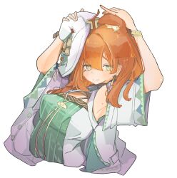 animal_ears arknights breasts cat_ears cat_girl closed_mouth commentary extra_ears green_eyes looking_at_viewer medium_breasts medium_hair mole mole_on_armpit orange_hair papyrus_(arknights) simple_background tagme taiiiyakiii white_background