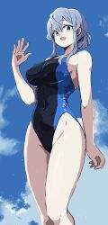 Rule 34 | 1girl, alternate costume, blue eyes, blue hair, blue one-piece swimsuit, blue sky, blush, breasts, cloud, cloudy sky, competition swimsuit, day, from below, gotland (kancolle), hair between eyes, hair bun, highres, kantai collection, long hair, looking at viewer, looking down, mole, mole under eye, one-piece swimsuit, open mouth, single hair bun, sky, smile, solo, swimsuit, unagiman