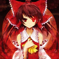 Rule 34 | 1girl, bow, brown hair, detached sleeves, female focus, glowing, glowing eye, glowing eyes, hair bow, hakurei reimu, hand on own chest, highres, japanese clothes, miko, red eyes, ribbon, scarlet (studioscr), solo, touhou