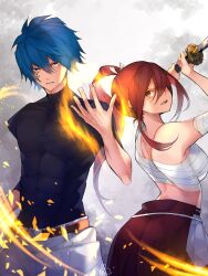 Rule 34 | 1boy, 1girl, bandages, bare arms, bare shoulders, belt, black shirt, blue eyes, blue hair, couple, erza scarlet, facial mark, fairy tail, hair between eyes, hakama, high ponytail, highres, holding, holding sword, holding weapon, japanese clothes, jellal fernandes, long hair, looking at viewer, looking back, pants, parted lips, ponytail, red eyes, red hair, red hakama, sarashi, shirt, short hair, sidelocks, spiked hair, sword, turtleneck, v-shaped eyebrows, weapon, white pants, yae chitokiya