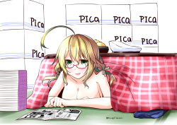 Rule 34 | 10s, 1girl, ahoge, beret, blonde hair, blush, breasts, cleavage, food, fruit, glasses, green eyes, hat, unworn hat, unworn headwear, i-8 (kancolle), kaga (kancolle), kantai collection, kotatsu, large breasts, low twintails, mandarin orange, manga (object), mikage takashi, nude, one-hour drawing challenge, one-piece swimsuit, open mouth, orange (fruit), reading, red-framed eyewear, school swimsuit, smile, solo, swimsuit, unworn swimsuit, table, twintails, under kotatsu, under table