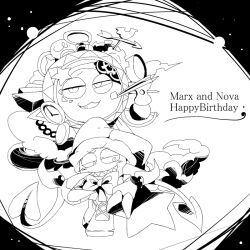 Rule 34 | 1boy, animal hands, black border, boots, border, bow, bowtie, character name, claws, cross-laced footwear, english text, galactic nova, gears, grin, half-closed eyes, happy birthday, hat, heart, holding, holding star, jester cap, kirby (series), looking at viewer, marx (kirby), monochrome, nintendo, no humans, open mouth, pocket watch, pom pom (clothes), sharp teeth, shirushiki, smile, star (symbol), teeth, v-shaped eyebrows, watch, white background, winding key, wings