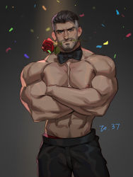 Rule 34 | 1boy, abs, amo (amo9612), bara, beard, biceps, black hair, black pants, blue eyes, bow, bowtie, confetti, crossed arms, facial hair, flower, grey hair, jayce (league of legends), large pectorals, league of legends, looking at viewer, male focus, male underwear, male underwear peek, mouth hold, multicolored hair, muscular, muscular male, navel, nipples, pants, pectorals, red flower, red male underwear, red rose, rose, short hair, solo, topless male, two-tone hair, underwear
