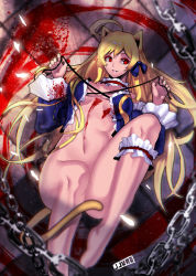 Rule 34 | 1girl, ahoge, animal ears, bad id, bad pixiv id, barefoot, blonde hair, blood, blood splatter, blood on clothes, bottomless, breasts, breasts apart, cat ears, cat tail, censored, chain, choker, convenient censoring, detached collar, highres, jjune, large breasts, leg ribbon, legs up, long hair, looking at viewer, lying, navel, no bra, oil-paper umbrella, on back, open clothes, open shirt, original, red eyes, ribbon, ribbon choker, shirt, solo, tail, tile floor, tiles, umbrella, untied, very long hair