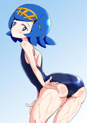 Rule 34 | 1girl, alternate color, apamutamamootekoi, ass, bare shoulders, blue eyes, blue hair, blush, cameltoe, creatures (company), game freak, hairband, highres, huge ass, lana (pokemon), leaning, leaning forward, looking at viewer, nintendo, one-piece swimsuit, pokemon, pokemon (anime), pokemon sm, shiny clothes, shiny skin, short hair, solo, swimsuit, wet, wet clothes