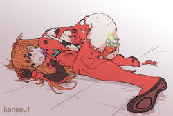 Rule 34 | 1girl, bad id, bad pixiv id, bent over, blue eyes, blush, bodysuit, breasts, censored, curvy, kon-kit, long hair, lying, neon genesis evangelion, on side, open mouth, orange hair, plugsuit, red bodysuit, red hair, sideboob, solo, souryuu asuka langley, sweat, torn clothes, very long hair, wide hips