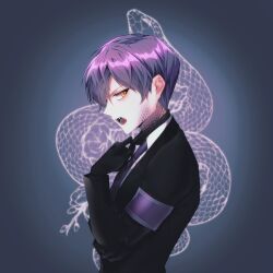 Rule 34 | 1boy, absurdres, black gloves, black jacket, black sweater, collared shirt, gloves, highres, htrjotk, jacket, lobotomy corporation, long sleeves, looking at viewer, male focus, necktie, open mouth, project moon, purple hair, purple necktie, scales, shirt, snake, solo, sweater, sweater under shirt, upper body, white shirt, yellow eyes, yesod (project moon)
