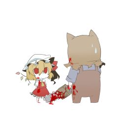 Rule 34 | 1boy, 1girl, bad id, bad pixiv id, blonde hair, blood, blood on clothes, blood on face, blood on hands, bloody weapon, chainsaw, chibi, crossover, doctor salvador, dr. salvador, eiri (eirri), flandre scarlet, hat, highres, red eyes, resident evil, resident evil 4, short hair, side ponytail, staring, sweatdrop, touhou, weapon, wings