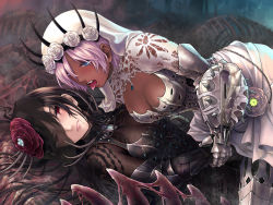 Rule 34 | 2girls, after kiss, armor, armored dress, black armor, black hair, blue eyes, bone, breasts, cleavage, dark-skinned female, dark skin, fake horns, gauntlets, highres, holding another&#039;s wrist, horned headwear, horns, long hair, looking at another, monster hunter, monster hunter: world, monster hunter (series), multiple girls, open mouth, pink hair, red eyes, saliva, saliva trail, takekawa shin, tiara, tongue, tongue out, vaal hazak (armor), veil, white armor, yuri