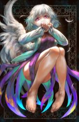 Rule 34 | 1girl, ass, barefoot, bow, breasts, brown jacket, clothes grab, colored eyelashes, covering crotch, covering own mouth, covering privates, dress, feathered wings, feathers, highres, jacket, kishin sagume, knees up, legs, legs up, light, looking down, mimit, no panties, pink eyes, purple dress, short hair, silver hair, single wing, sleeve grab, solo, thighs, toenails, touhou, white wings, wings