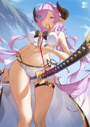 Rule 34 | 1girl, absurdres, bare shoulders, between legs, bikini, blue eyes, blue sky, braid, braided bun, breasts, brown horns, commentary request, double bun, draph, forward facing horns, from below, granblue fantasy, hair bun, hair over one eye, highres, horns, katana, large breasts, long hair, looking at viewer, mouth hold, narmaya (granblue fantasy), narmaya (summer) (granblue fantasy), navel, official alternate costume, official alternate hairstyle, palm leaf, palm tree, pointy ears, rein yukimatsu, ribbon, ribbon in mouth, showgirl skirt, sky, solo, stomach, swimsuit, sword, thigh strap, thighs, tree, very long hair, weapon, white bikini