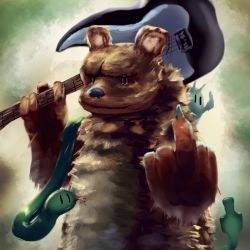 Rule 34 | bear, closed mouth, commentary request, cookie (touhou), fuckin animal, green background, guitar, holding, holding instrument, instrument, looking at viewer, middle finger, mushi kui, no humans, smile, snail, snake, upper body, | |