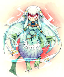 Rule 34 | 1girl, barefoot, blue dress, blue hair, bracelet, claws, dragon girl, dragon tail, dress, fire emblem, fire emblem: the blazing blade, fire emblem heroes, glowing, glowing eyes, highres, jewelry, long hair, looking at viewer, ninian (fire emblem), nintendo, red eyes, scales, setz, slit pupils, smirk, snowflakes, tail, transformation, very long hair