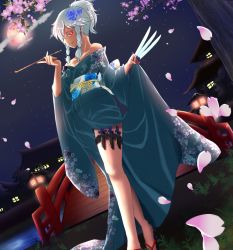 Rule 34 | 1girl, akichiasu, alternate costume, alternate hairstyle, architecture, between fingers, braid, breasts, bridge, cherry blossoms, cloud, collarbone, east asian architecture, floral print, flower, full moon, grass, hair flower, hair ornament, holding, holding knife, izayoi sakuya, japanese clothes, kimono, knife, knives between fingers, lantern, legs, lights, long sleeves, moon, night, night sky, obi, off shoulder, paper lantern, perspective, petals, ponytail, red eyes, red moon, sash, side braid, silhouette, silver hair, sky, small breasts, smile, smoking, smoking pipe, solo, star (sky), teeth, thigh strap, thighs, touhou, tree, twin braids, wide sleeves