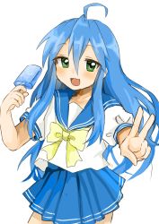 Rule 34 | 1girl, absurdres, ahoge, blue skirt, blush, bow, food, green eyes, hair between eyes, highres, holding, holding food, izumi konata, kagamiko hanana, long hair, looking at viewer, lucky star, mole, mole under eye, open mouth, popsicle, school uniform, simple background, skirt, solo, v, white background, yellow bow