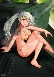 Rule 34 | 1girl, anchovy (girls und panzer), anzio military uniform, barefoot, bikini, blush, breasts, cleavage, collarbone, drill hair, girls und panzer, gold bikini, green hair, hair ribbon, highres, jacket, jacket on shoulders, large breasts, long hair, looking at viewer, megadeko, military, military uniform, military vehicle, motor vehicle, navel, open mouth, outdoors, red eyes, ribbon, shiny skin, side-tie bikini bottom, sitting, smile, solo, sunlight, swimsuit, tank, twin drills, twintails, uniform